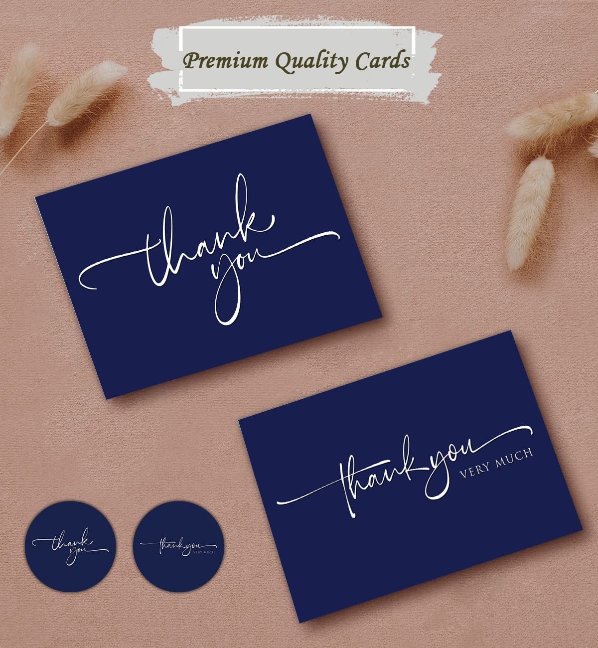 120 Classy Navy Blue Thank You Cards Bulk - Professional Looking - Thank You Greeting Notes, Blank Inside with matching Brown Kraft Envelopes & Stickers Perfect for Wedding, Business,Graduation & Much