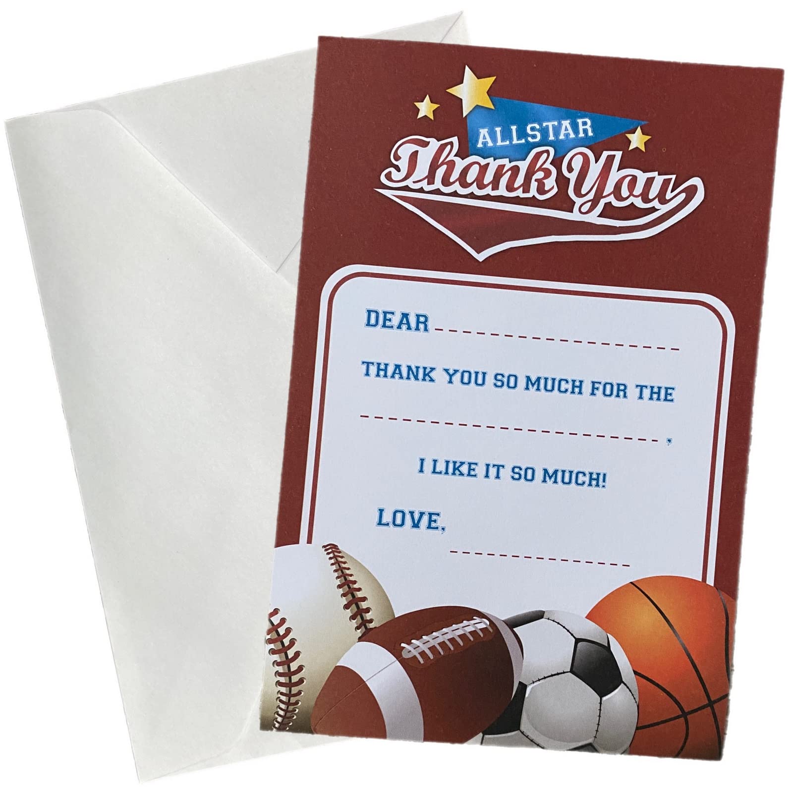 ALAZCO 24 Fill in the Blank Thank You Post Cards with Envelopes – Easy & Fun Gender Neutral Sports Themed All Star Thank You Notes For Boys or Girls Baseball Basketball Soccer Football