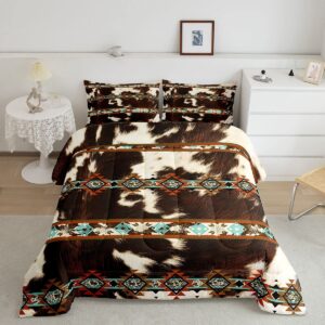 erosebridal cowhide quilt brown highland cow print queen comforter set,western bedding set exotic aztec duvet insert,farmhouse wild animals longhorn skin room decor cowboys gifts for men