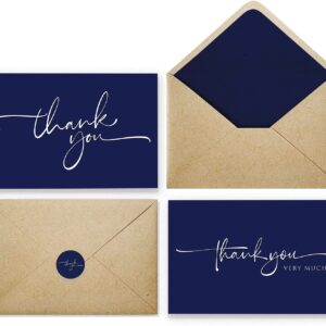 120 Classy Navy Blue Thank You Cards Bulk - Professional Looking - Thank You Greeting Notes, Blank Inside with matching Brown Kraft Envelopes & Stickers Perfect for Wedding, Business,Graduation & Much