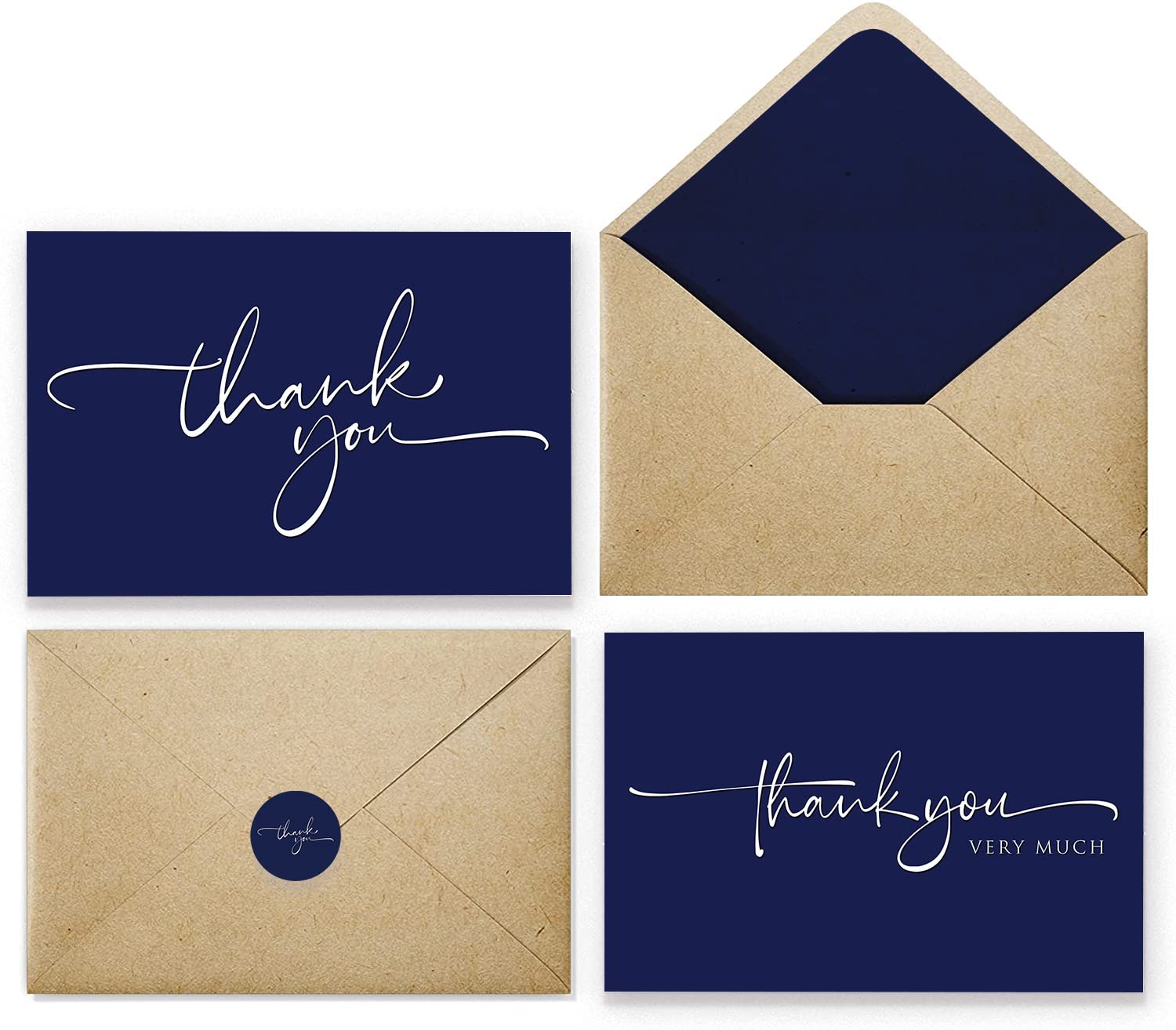 120 Classy Navy Blue Thank You Cards Bulk - Professional Looking - Thank You Greeting Notes, Blank Inside with matching Brown Kraft Envelopes & Stickers Perfect for Wedding, Business,Graduation & Much