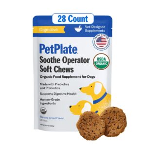 petplate soothe operater digestive soft chews for dogs, made with prebiotics & probiotics, usda organic supplement, grain-free, human-grade, pet supplies, (pack of 1, 9.8 ounce)