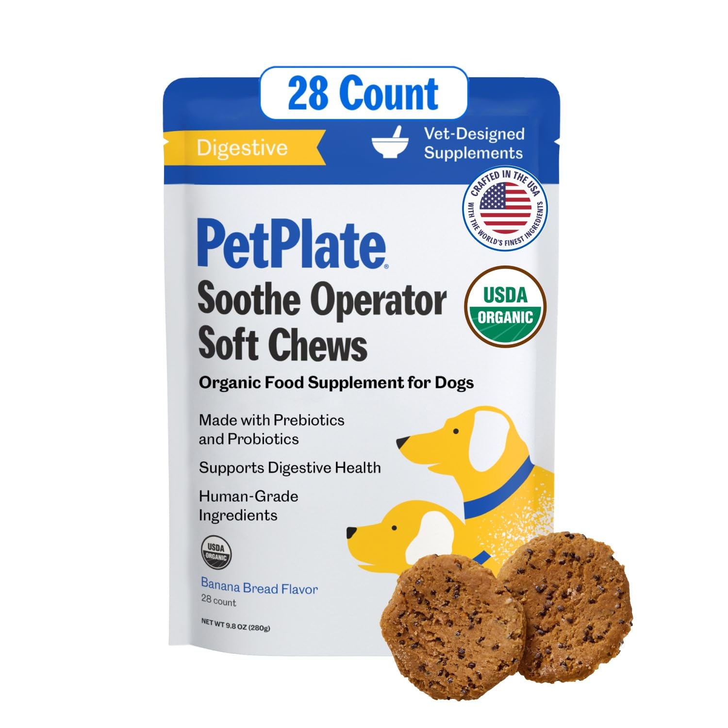 PetPlate Soothe Operater Digestive Soft Chews for Dogs, Made with Prebiotics & Probiotics, USDA Organic Supplement, Grain-Free, Human-Grade, Pet Supplies, (Pack of 1, 9.8 Ounce)