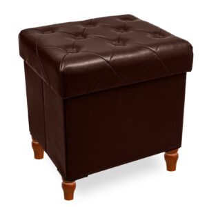 carolmade folding storage ottoman cube pu leather footstool with wood legs toy storage for living room and bedroom brown, 15"x12.6"x15.4”