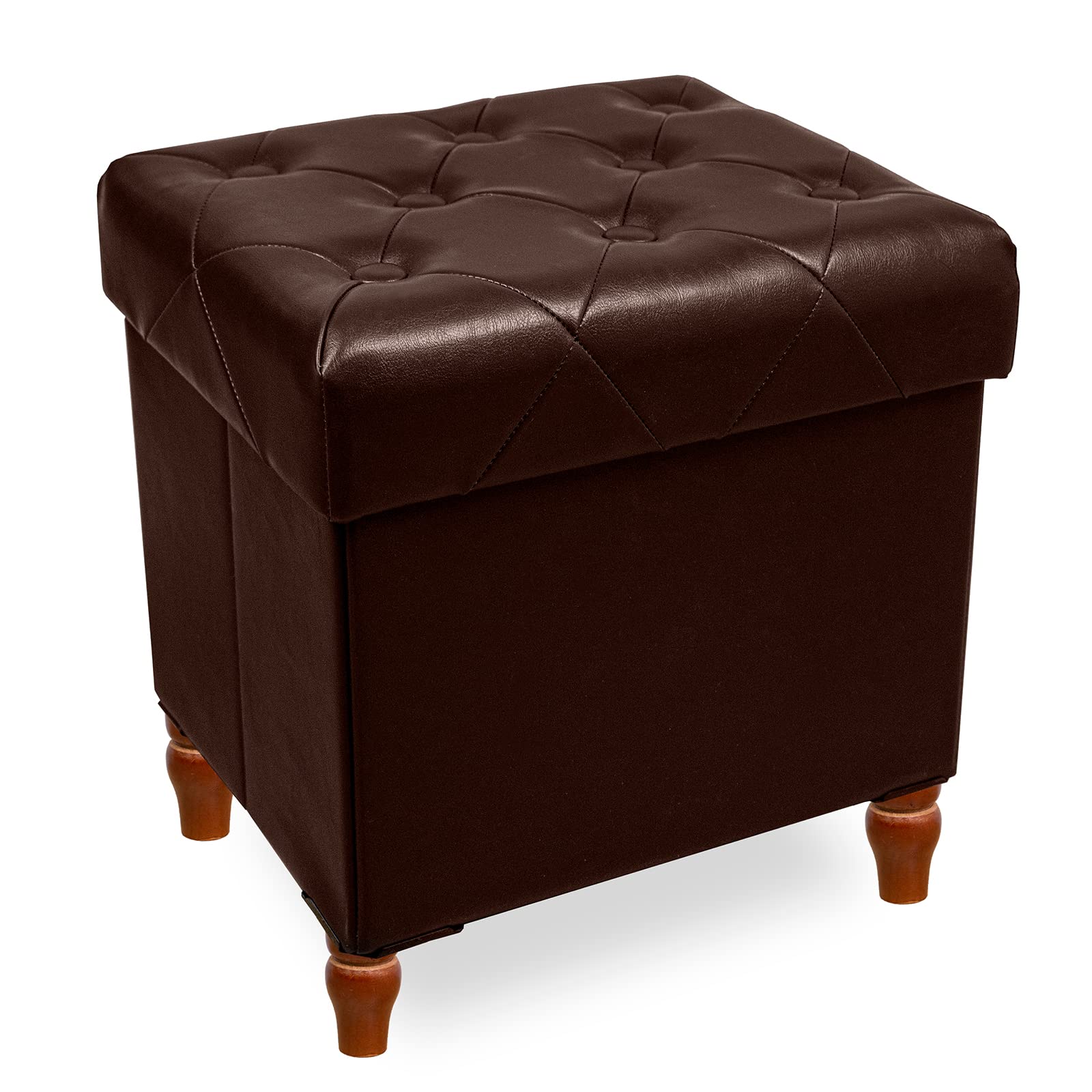 CAROLMADE Folding Storage Ottoman Cube PU Leather Footstool with Wood Legs Toy Storage for Living Room and Bedroom Brown, 15"x12.6"x15.4”