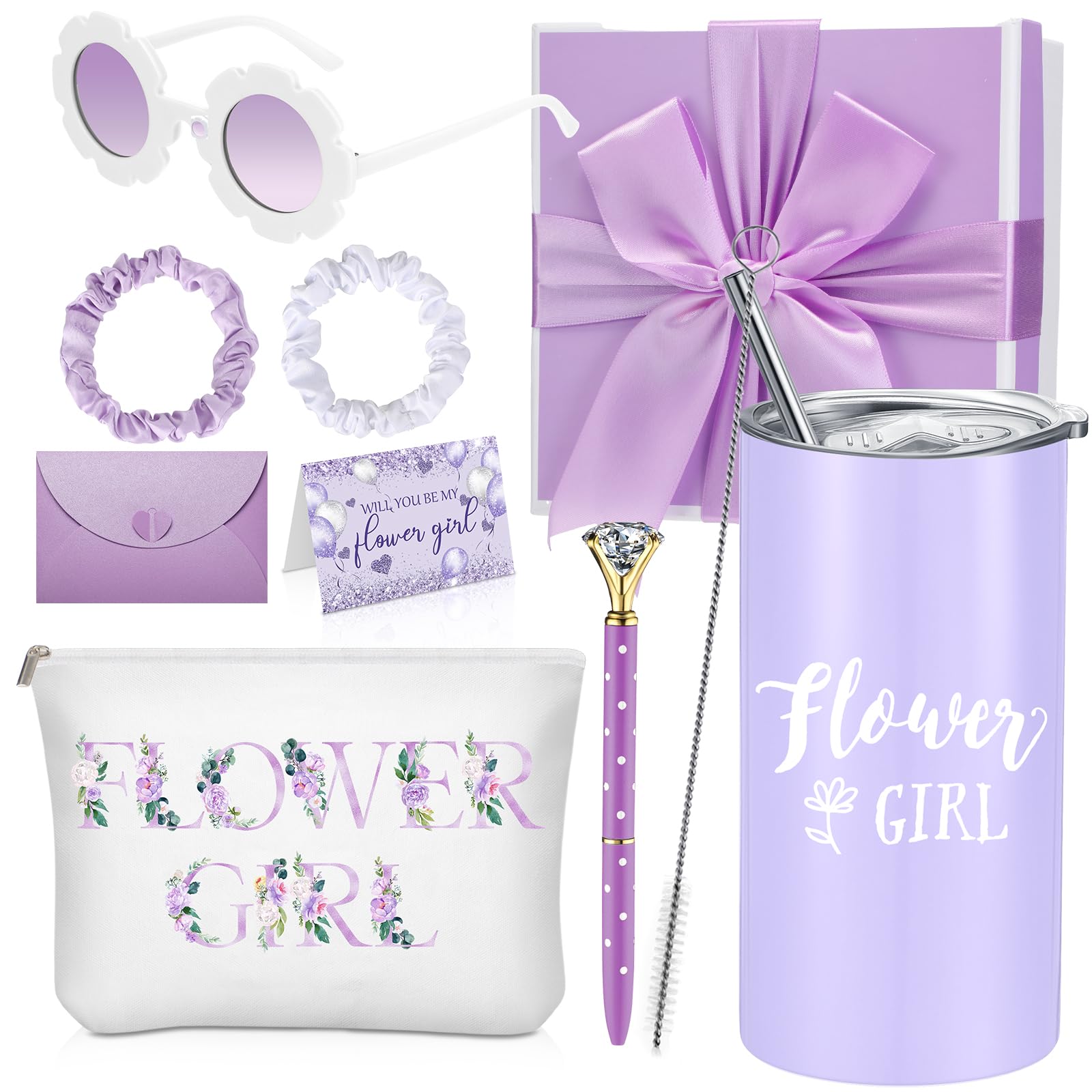 Sieral 9 Pcs Flower Girl Proposal Gifts Set Personalized Flower Girl Tumbler with Straw Bride Gift Box Canvas Bag Sunglasses Hair Ring Diamond Pen Envelope Bride Gift for Wedding(Purple,Retro)