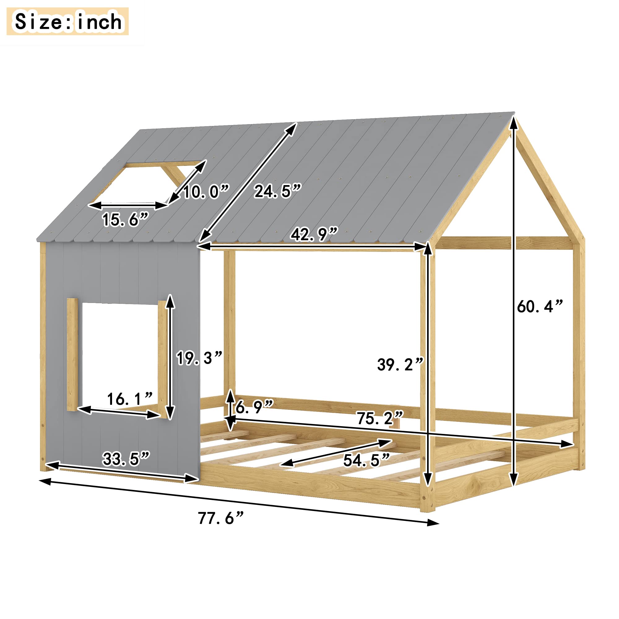 Bellemave House Bed Full Size Montessori Style Floor Bed Frame Wood Kids Cabin Beds Fun Playhouse Bed with Roof and Window for Girls Boys Teens, Gray with Natural