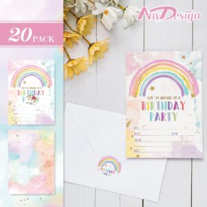 AnyDesign Rainbow Birthday Party Invitations with Envelopes Stickers Watercolor Birthday Paper Invitation Cards for Kids Party Celebration Supplies, Set of 20