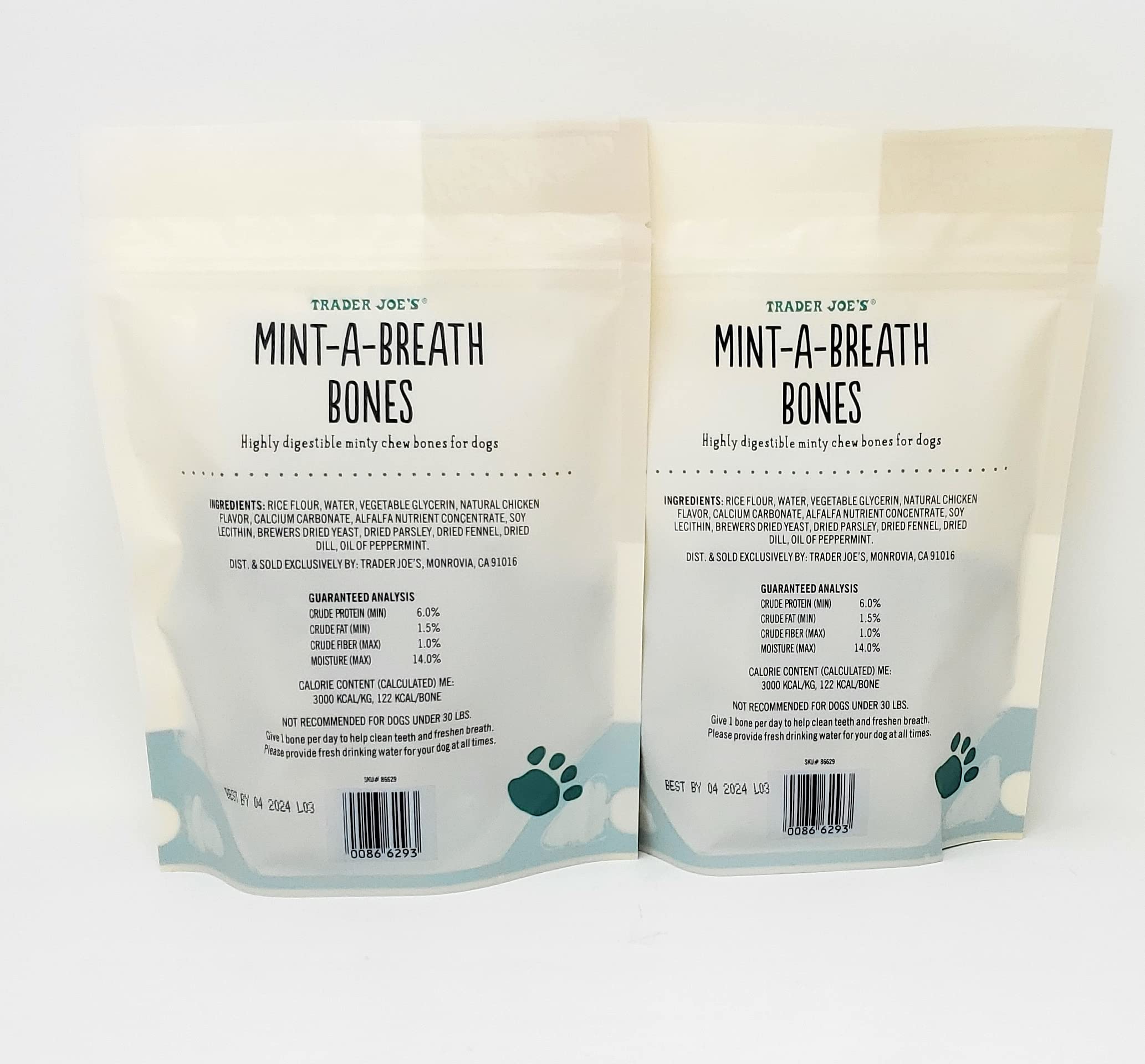 Trader Joe's Mint-A-Breath Minty Bones (6 Bones) for Dogs Net Wt. 7.86 Oz (223g) - Pack of 2