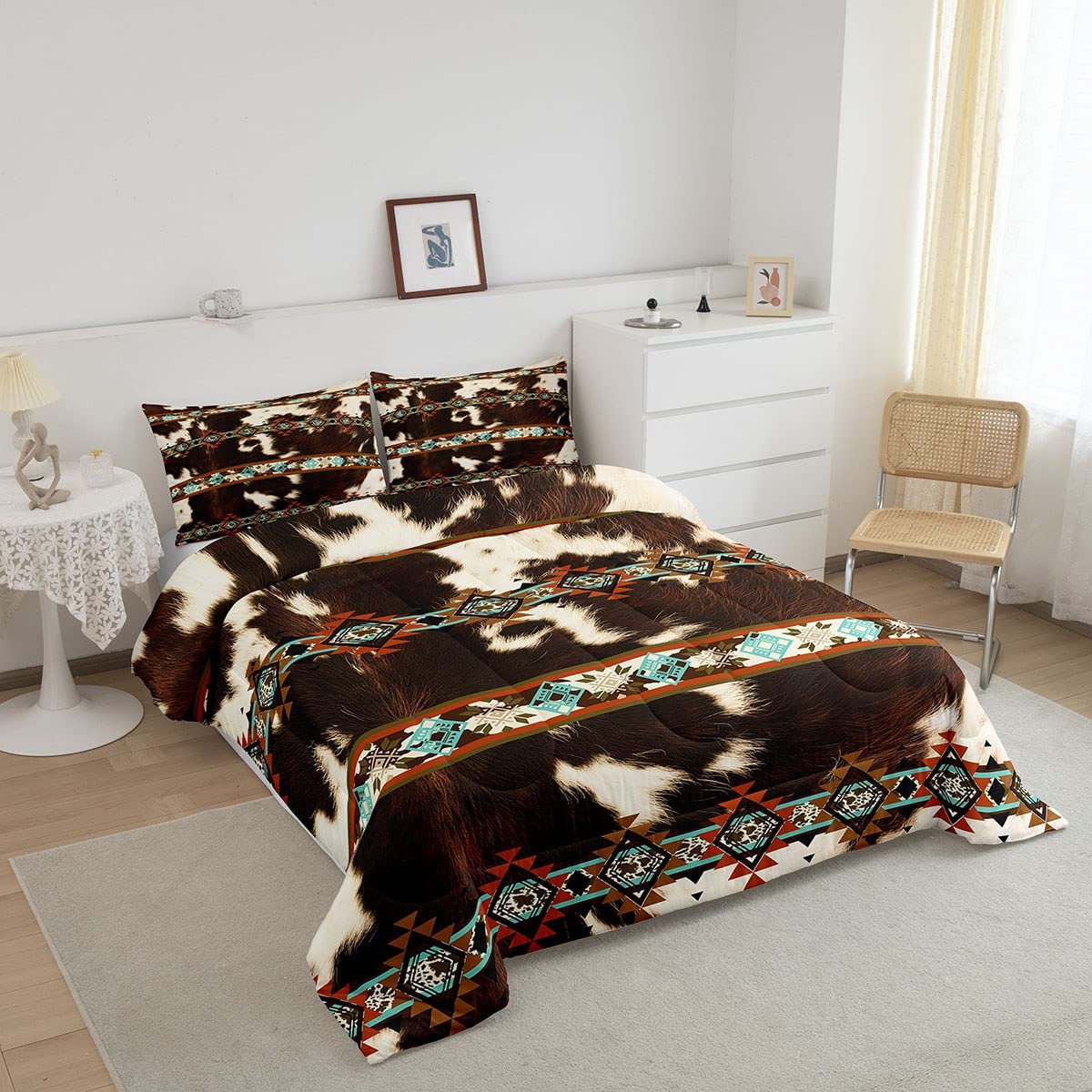 Erosebridal Cowhide Quilt Brown Highland Cow Print Queen Comforter Set,Western Bedding Set Exotic Aztec Duvet Insert,Farmhouse Wild Animals Longhorn Skin Room Decor Cowboys Gifts for Men