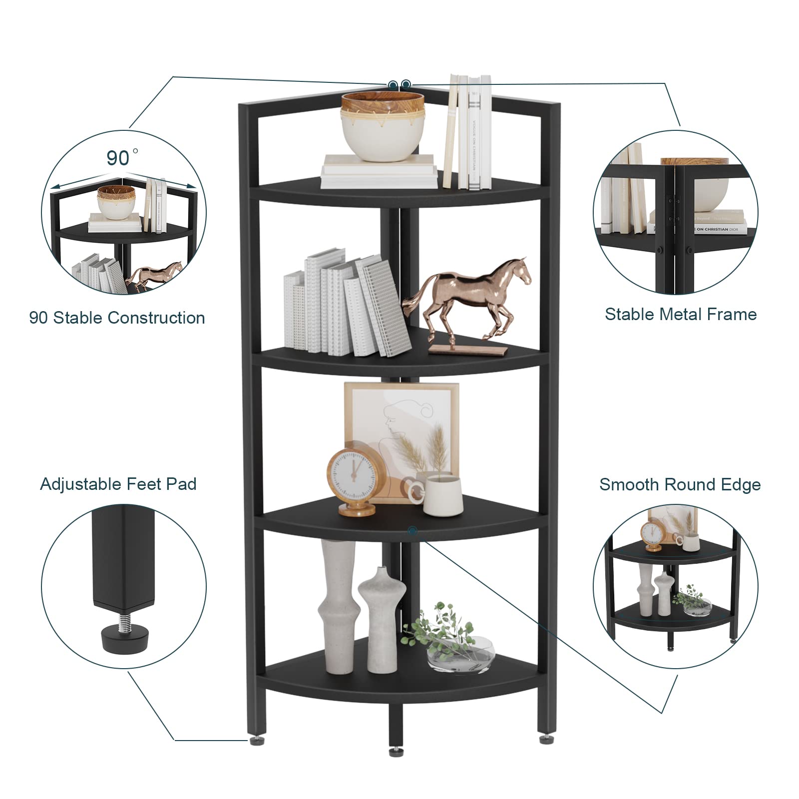 SAYGOER Corner Bookshelf 4 Tier Stand Corner Ladder Shelf Modern Storage Organizer Bookcase Industrial Display Rack Shelves for Small Space, Living Room,Home Kitchen,Office, Black