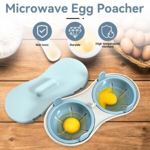 Microwave Egg Poacher, 2 Cavity Edible Silicone Drain Egg Boiler Set Double Egg Cups for Boiled Eggs Egg Maker Poached Egg Cooker Steamer Kitchen Cooking Gadget Tools(blue)