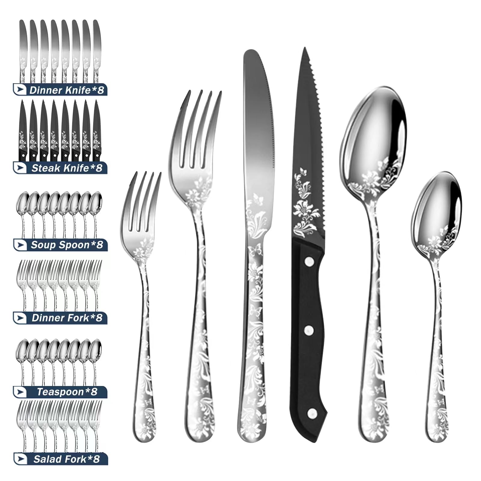 SenceHome 48 Piece Silverware Sets, Flatware Set for 8, Stainless Steel Cutlery Sets for Home Kitchen Restaurant Hotel, Dishwasher Safe