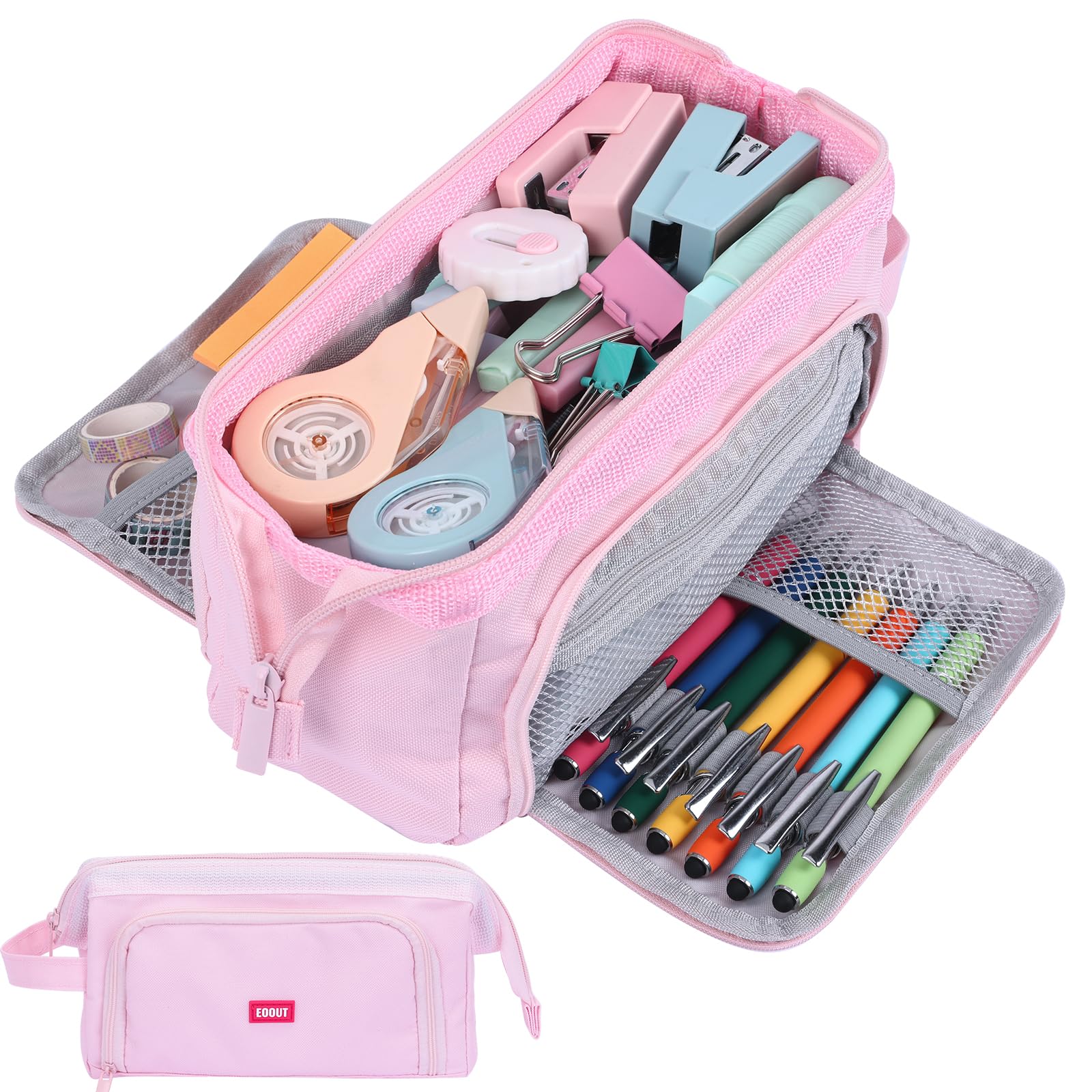 EOOUT Large Pencil Case, Big Capacity Pencil Bag with 3 Compartments, Can Hold 100 Pencils，Aesthetic School Supplies For Girls, Pink (Pink)