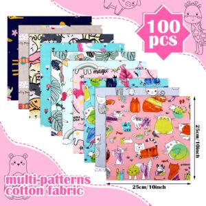 100 Pcs Cotton Fabric Square Patchwork Craft Fabric Scraps Quilting Fat Bundles Flower Animals Cartoon for DIY Sewing Cloths (Lovely, 10 Inch)