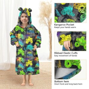 JHKKU Monster Truck Car Wearable Blankets for Kids, Oversized Flannel Blanket Hoodie for Kids, Warm Blanket Hoodie for Boys Girls with Pockets