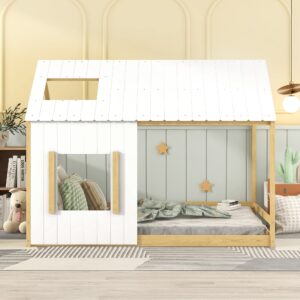 Bellemave House Bed Full Size Montessori Style Floor Bed Frame Wood Kids Cabin Beds Fun Playhouse Bed with Roof and Window for Girls Boys Teens, White with Natural