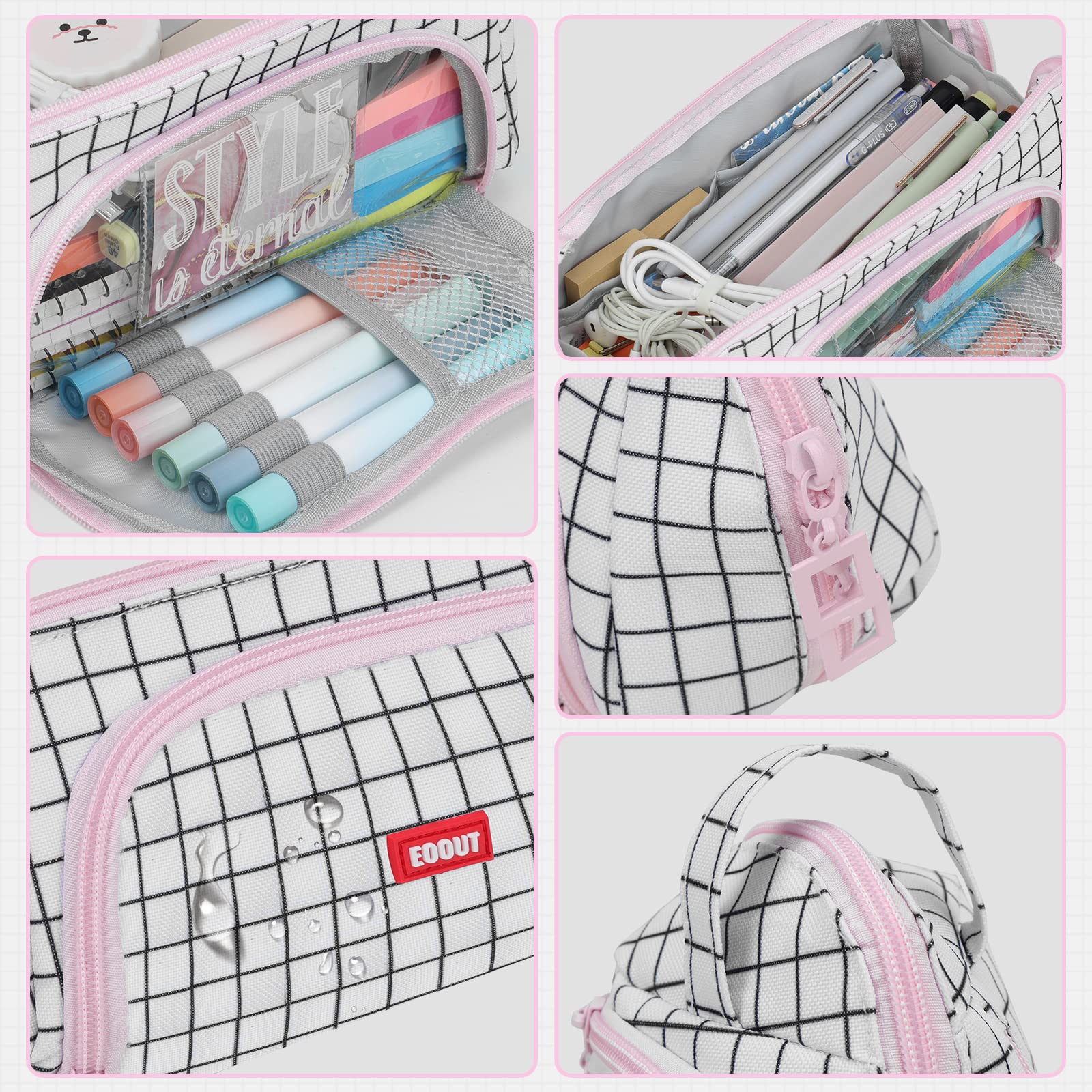 EOOUT Pencil Case Pouch, Big Capacity Pen Bag, Large Organized Cute Pen Case for School Stationery and Travel Cosmetics Storage (Plaid White)