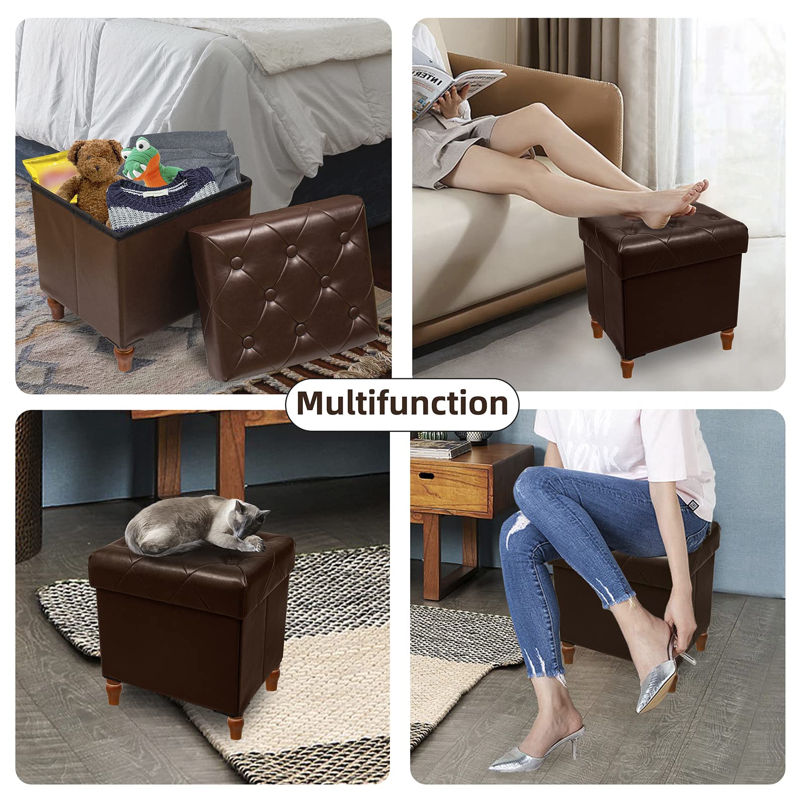 CAROLMADE Folding Storage Ottoman Cube PU Leather Footstool with Wood Legs Toy Storage for Living Room and Bedroom Brown, 15"x12.6"x15.4”