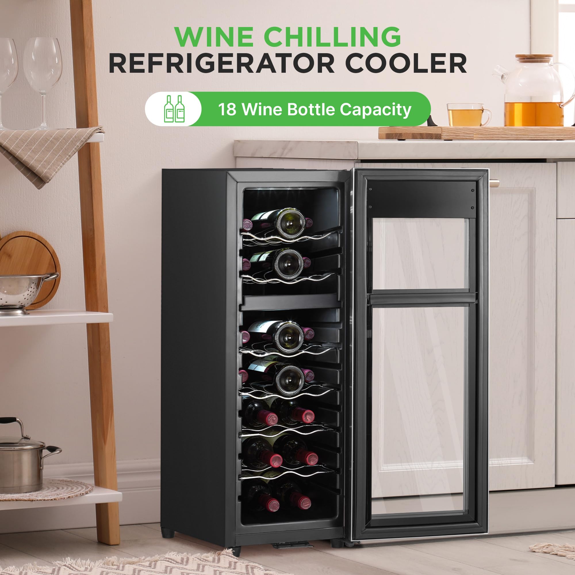 NutriChef PKCWCDS184 Wine Refrigerator Cellar, 18 Storage and 58.2 Liters Internal Capacity, Single Zone Chiller with Digital Touch Button Control, Placement for Standing Bottles and Air Tight Seal