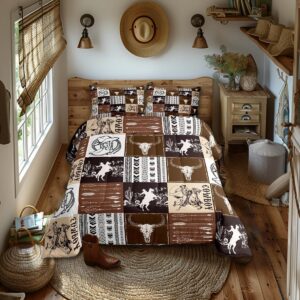 manfei western cowboy comforter set queen size, bull skull horse arrow print quilt set with 2 pillowcases, geometric grid brown plaid print bedding set 3pcs for kids boys teens bedroom decor