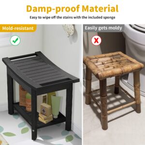 DWVO Poly Lumber Shower Bench, Shower Stool with Handles Storage Shelf, Water Resistant & Non-Slip Design Shower Seat, Shower Bath Chairs Spa Stool for Bathroom 24' x 13' (Black)