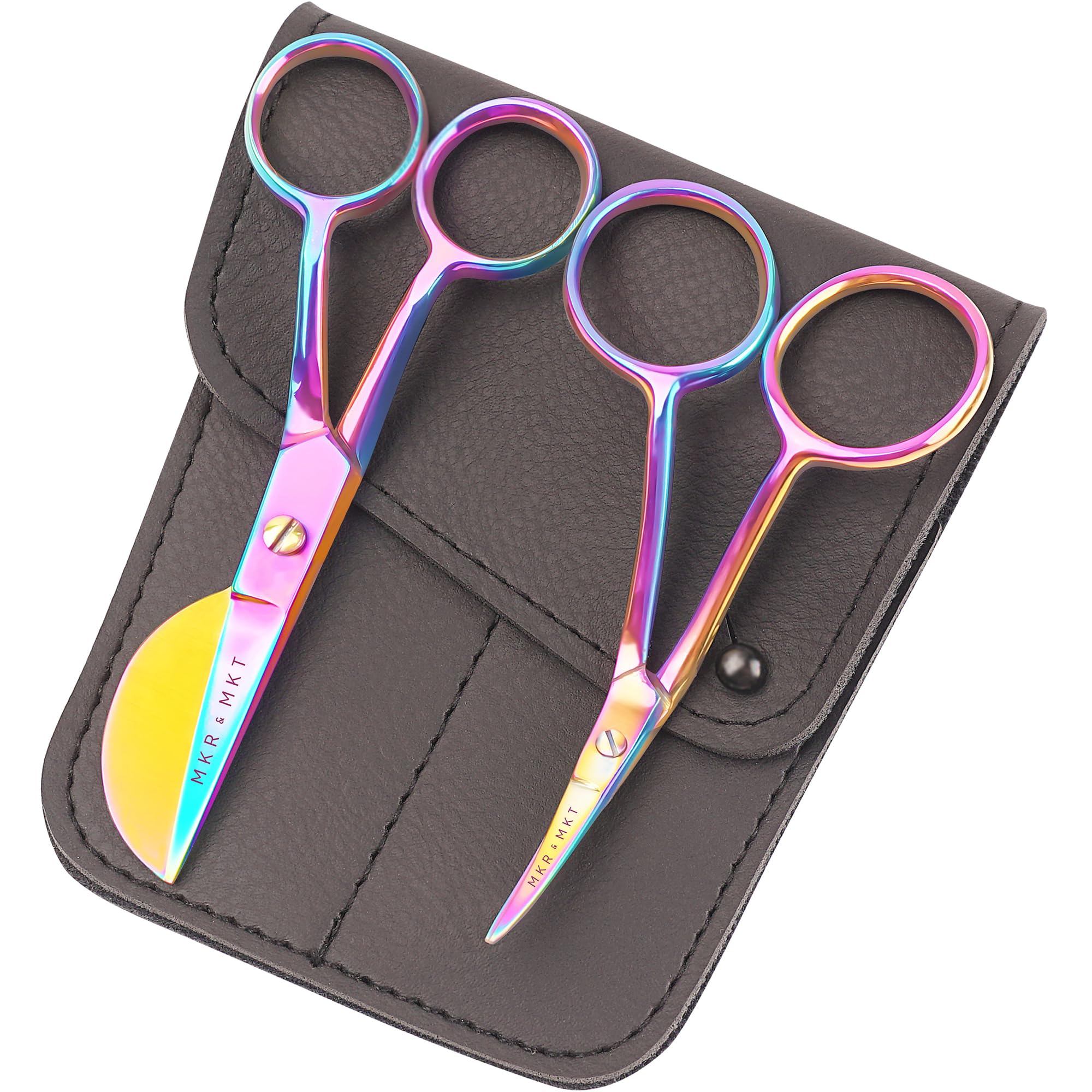 MAKER AND MARKET Small Embroidery 4.5 Inch Scissors Set of 2 Kit - Mini Double Bend Offset Duckbill and Double Bend Long Applique Needlepoint Blade with Pouch Sleeve (Rainbow)