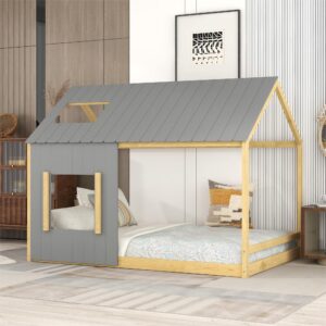 bellemave house bed full size montessori style floor bed frame wood kids cabin beds fun playhouse bed with roof and window for girls boys teens, gray with natural