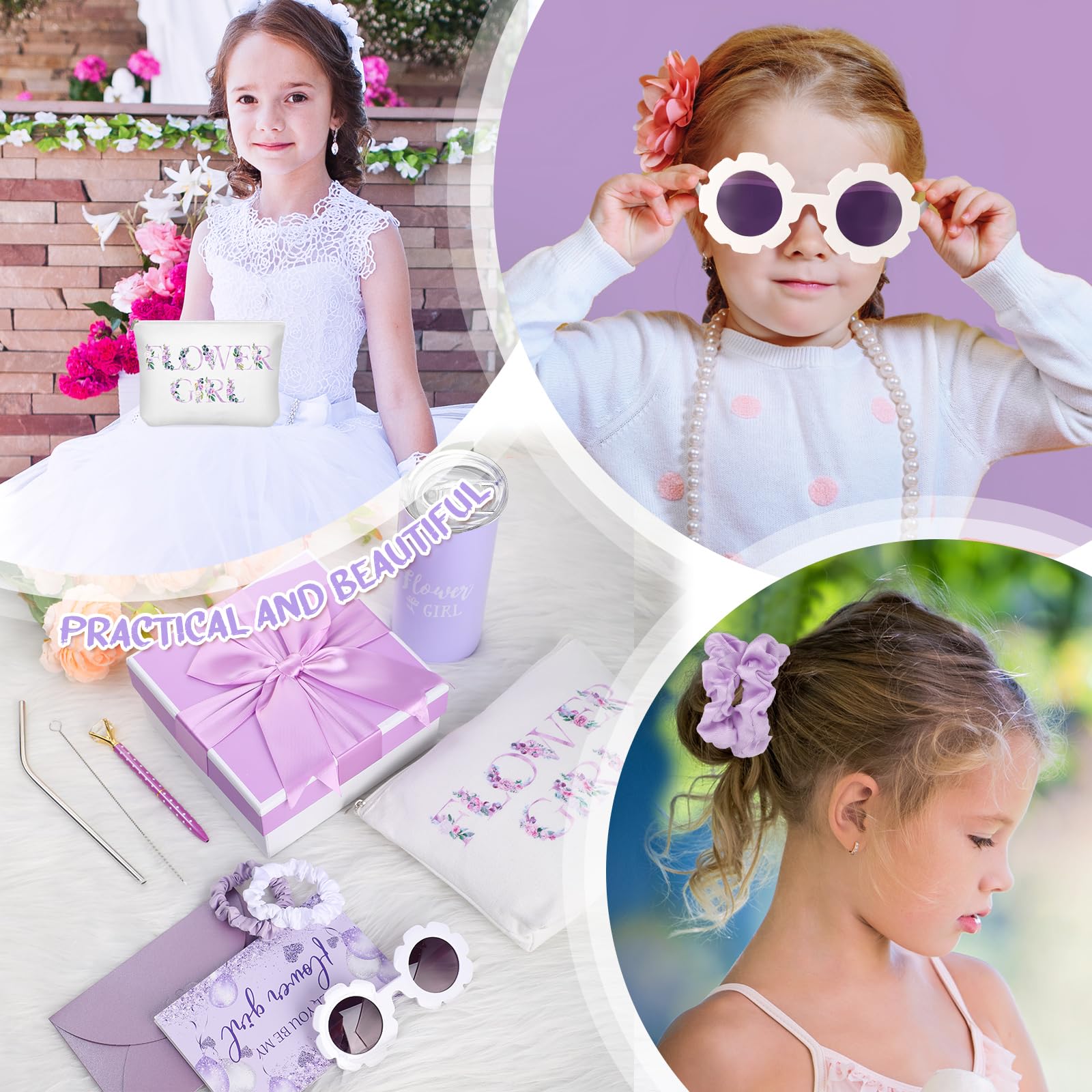 Sieral 9 Pcs Flower Girl Proposal Gifts Set Personalized Flower Girl Tumbler with Straw Bride Gift Box Canvas Bag Sunglasses Hair Ring Diamond Pen Envelope Bride Gift for Wedding(Purple,Retro)