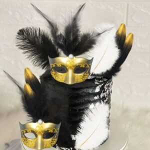 JeVenis Art Deco Cake Mask Cake Decoration Prom Cake Decoration Black Gold Cake Decoration Masquerade Masks Cake Decoration Feathers Cake Decoration Gatsby Cake Decoration