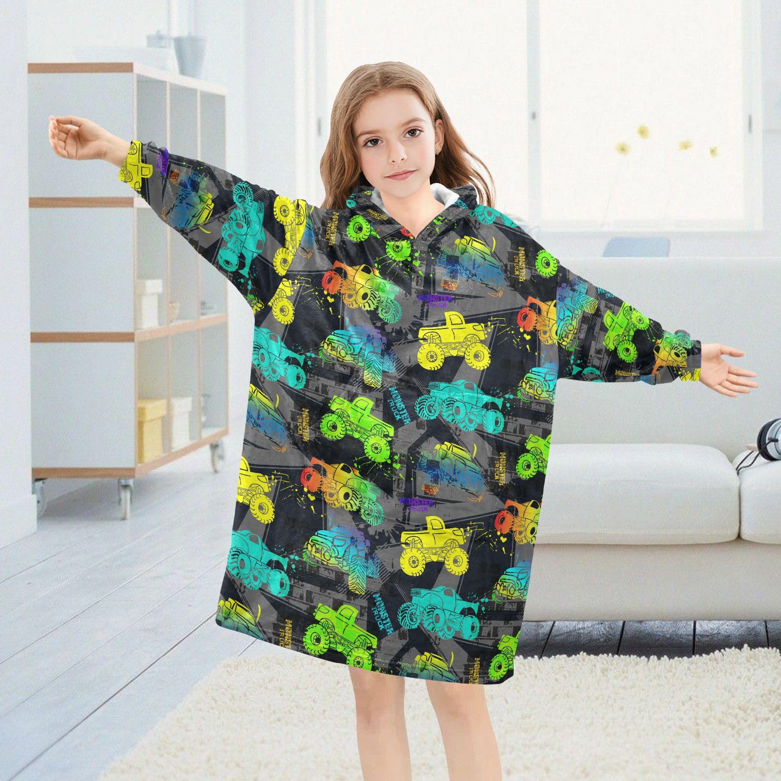 JHKKU Monster Truck Car Wearable Blankets for Kids, Oversized Flannel Blanket Hoodie for Kids, Warm Blanket Hoodie for Boys Girls with Pockets