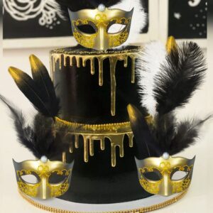 JeVenis Art Deco Cake Mask Cake Decoration Prom Cake Decoration Black Gold Cake Decoration Masquerade Masks Cake Decoration Feathers Cake Decoration Gatsby Cake Decoration