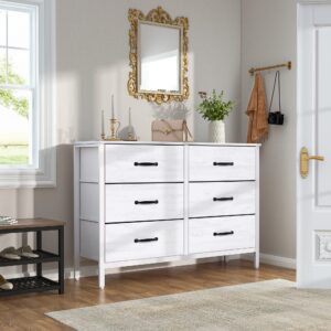 LYNCOHOME White Dresser with 6 Drawers, Wide Dresser for Bedroom and 50" TV, Entertainment Center with Metal Frame, Wooden Top, Fabric Drawers Dresser for Bedroom, Hallway, Entryway, White