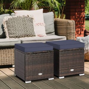 HAPPYGRILL 2 PCS Patio Ottoman Set Outdoor Wicker Stool with Storage, Rattan Footrest Ottoman with Solid Metal Frame and Cushion for Backyard Poolside Garden Balcony