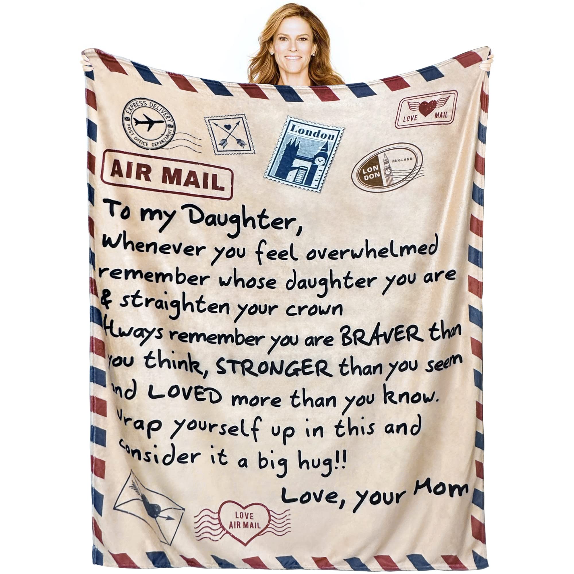 Flannel Throw to My Daughter Blankets from Mom Encourage and Love Breathable Air Mail Blanket Girl Letter Printed Warm Soft Couch Living Room Decor Gift 50"x60"