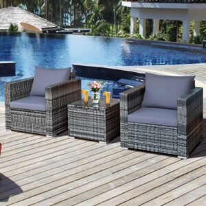 RELAX4LIFE 3-Piece Outdoor Furniture Set - All Weather PE Rattan Sofa Couch Set w/Thick Cushions & Tempered Glass Coffee Table, Patio Conversation Set for Lawn Yard Poolside (Grey)