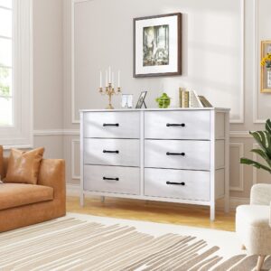 LYNCOHOME White Dresser with 6 Drawers, Wide Dresser for Bedroom and 50" TV, Entertainment Center with Metal Frame, Wooden Top, Fabric Drawers Dresser for Bedroom, Hallway, Entryway, White