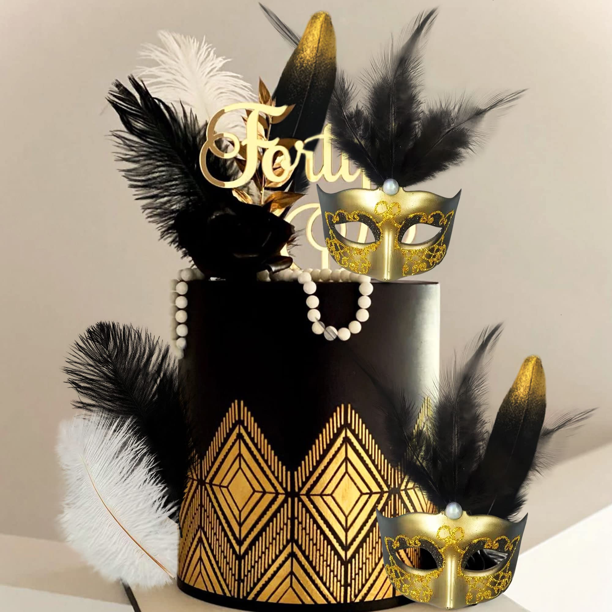 JeVenis Art Deco Cake Mask Cake Decoration Prom Cake Decoration Black Gold Cake Decoration Masquerade Masks Cake Decoration Feathers Cake Decoration Gatsby Cake Decoration