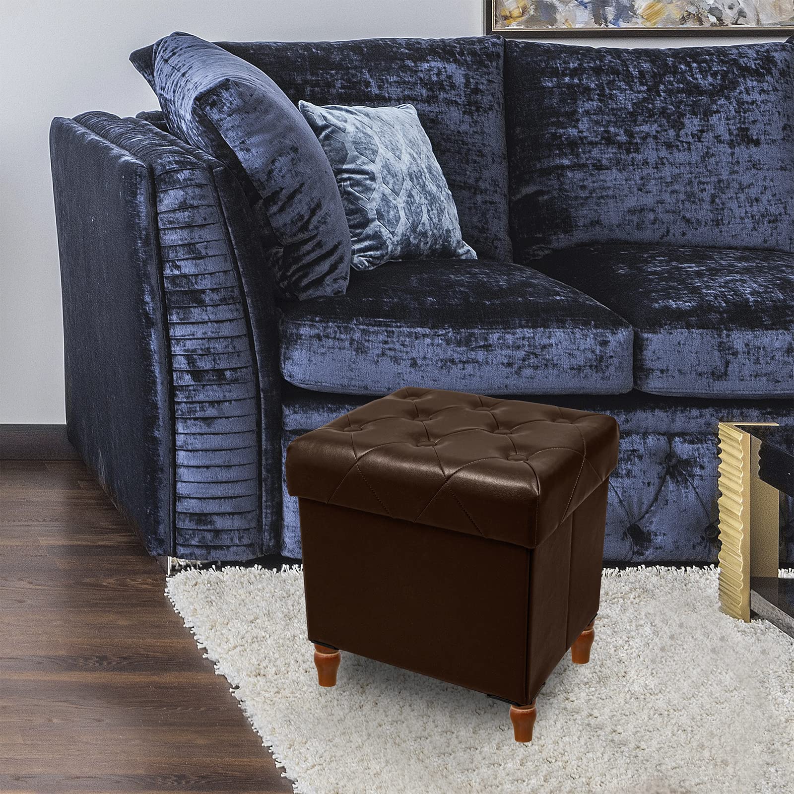 CAROLMADE Folding Storage Ottoman Cube PU Leather Footstool with Wood Legs Toy Storage for Living Room and Bedroom Brown, 15"x12.6"x15.4”