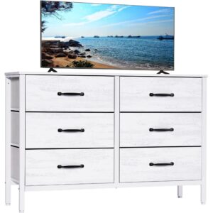 lyncohome white dresser with 6 drawers, wide dresser for bedroom and 50" tv, entertainment center with metal frame, wooden top, fabric drawers dresser for bedroom, hallway, entryway, white