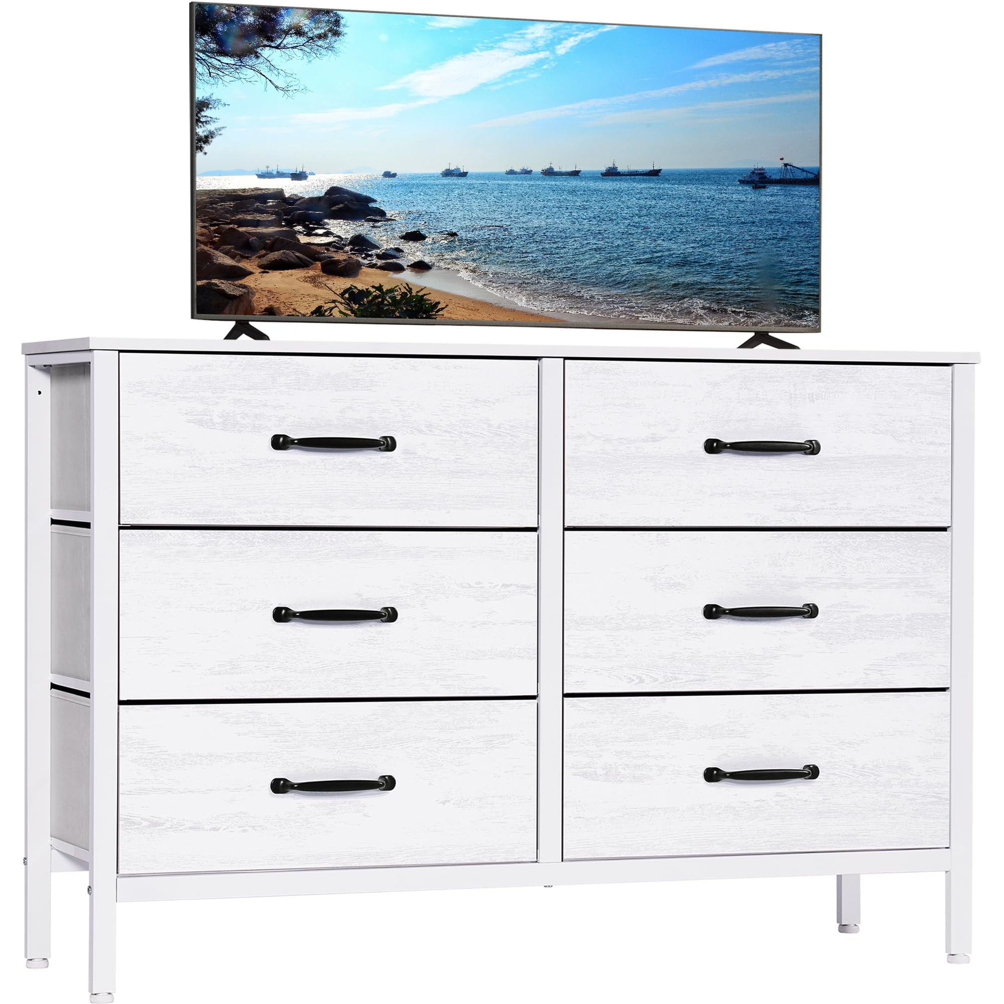 LYNCOHOME White Dresser with 6 Drawers, Wide Dresser for Bedroom and 50" TV, Entertainment Center with Metal Frame, Wooden Top, Fabric Drawers Dresser for Bedroom, Hallway, Entryway, White