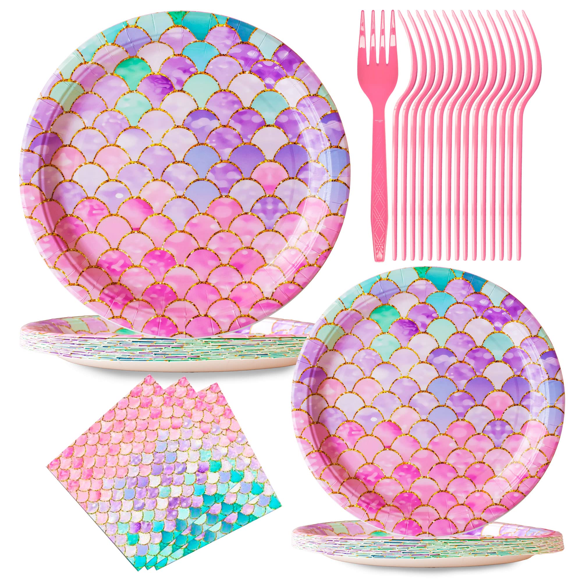 Mermaid Party Decorations, Jestar 96 Pcs Mermaid Birthday Party Supplies Plates and Napkins for Girls Baby Shower Mermaids Birthday Party Bachelorette Party Wedding Bridal Shower Decorations Serves 24