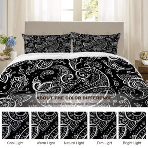 BaoNews Black Paisley Floral Duvet Cover Set Full Size,3 Pieces Bandana Silk Neck Scarf Kerchief Bedding Set Hotel Quality PolyesterComforter Cover Set with 2 Pillowcases(No Filler)