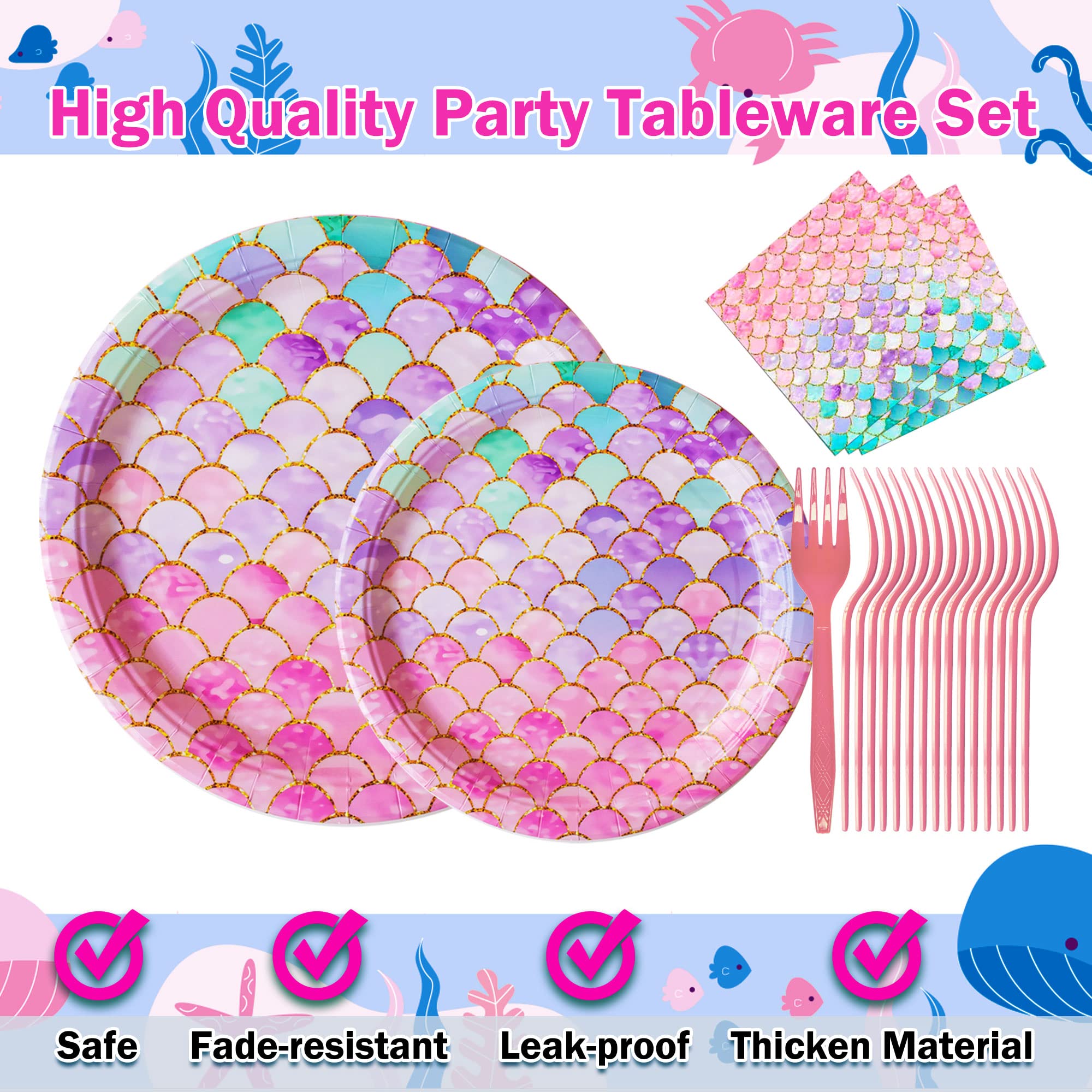 Mermaid Party Decorations, Jestar 96 Pcs Mermaid Birthday Party Supplies Plates and Napkins for Girls Baby Shower Mermaids Birthday Party Bachelorette Party Wedding Bridal Shower Decorations Serves 24