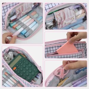 EOOUT Pencil Case Pouch, Big Capacity Pen Bag, Large Organized Cute Pen Case for School Stationery and Travel Cosmetics Storage (Plaid White)