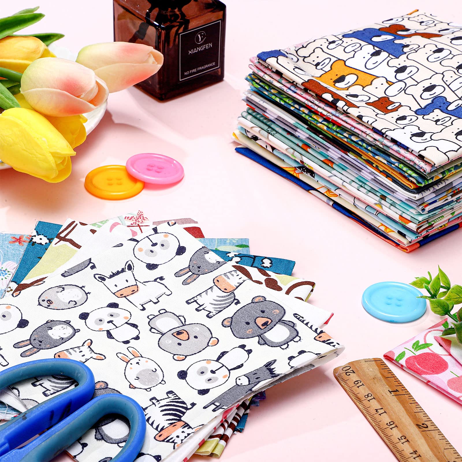 100 Pcs Cotton Fabric Square Patchwork Craft Fabric Scraps Quilting Fat Bundles Flower Animals Cartoon for DIY Sewing Cloths (Lovely, 10 Inch)