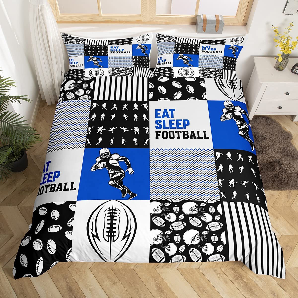 Erosebridal Football Bedding Sets Full Size,Football Player Duvet Cover for Teens Adult,Ball Game Patchwork Comforter Cover for Gift,Geometry Eat Sleep Football Artwork Bed Sets with 2 Pillowcases