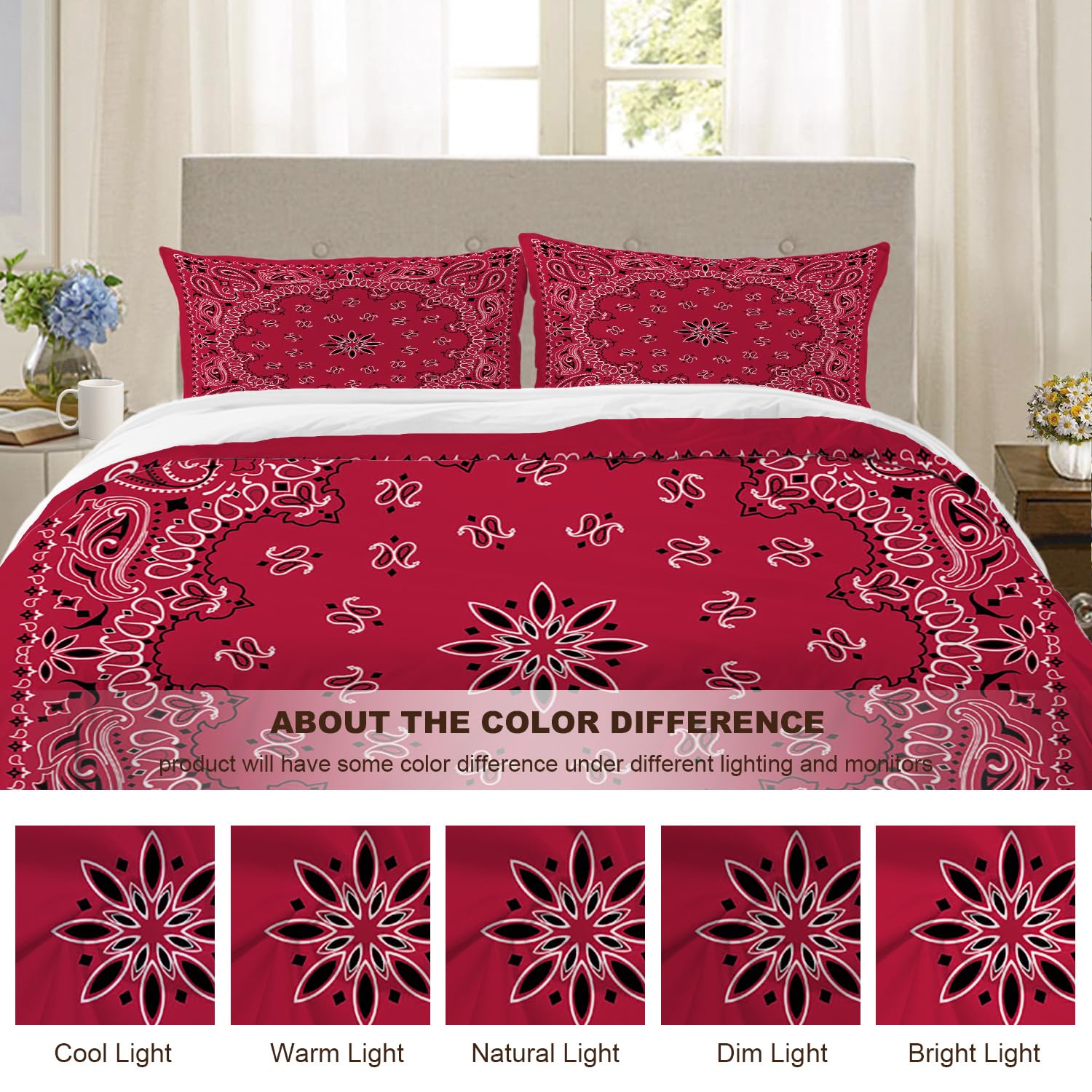 BaoNews Red Paisley Bandana Duvet Cover Set Full Size,3 Pieces Bandana with Red Paisley in The Middle Bedding Set Hotel Quality PolyesterComforter Cover Set with 2 Pillowcases(No Filler)