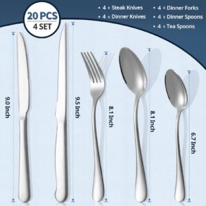 Eisinly 20-Piece Silverware Set Service for 4, Food Grade Stainless Steel Flatware Cutlery Set Kitchen Utensils Set with Steak Knives For Home Restaurant Hotel, Mirror Polished