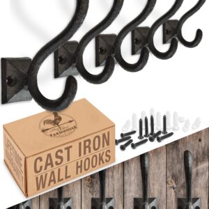 Rustic Wall Hooks for Hanging (5 Pack) Cast Iron Black Coat Hooks Wall Mounted - Farmhouse Decor Square Base Hooks for Coats, Bags, Hats, Towels (Black Hooks)